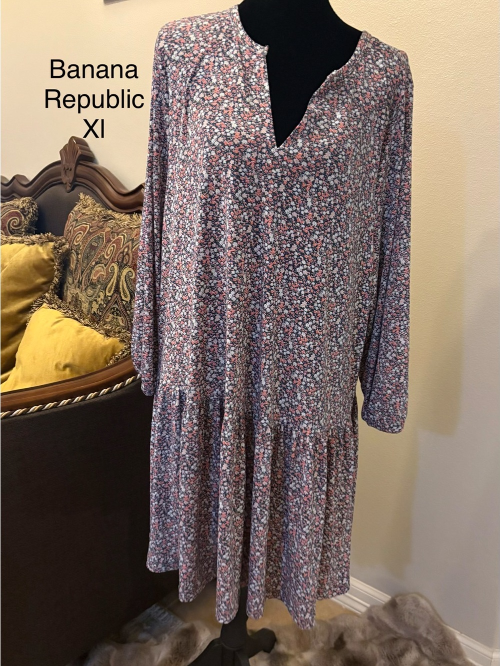 Banana Republic Pink and Blue Floral Long-Sleeve Tiered Dress